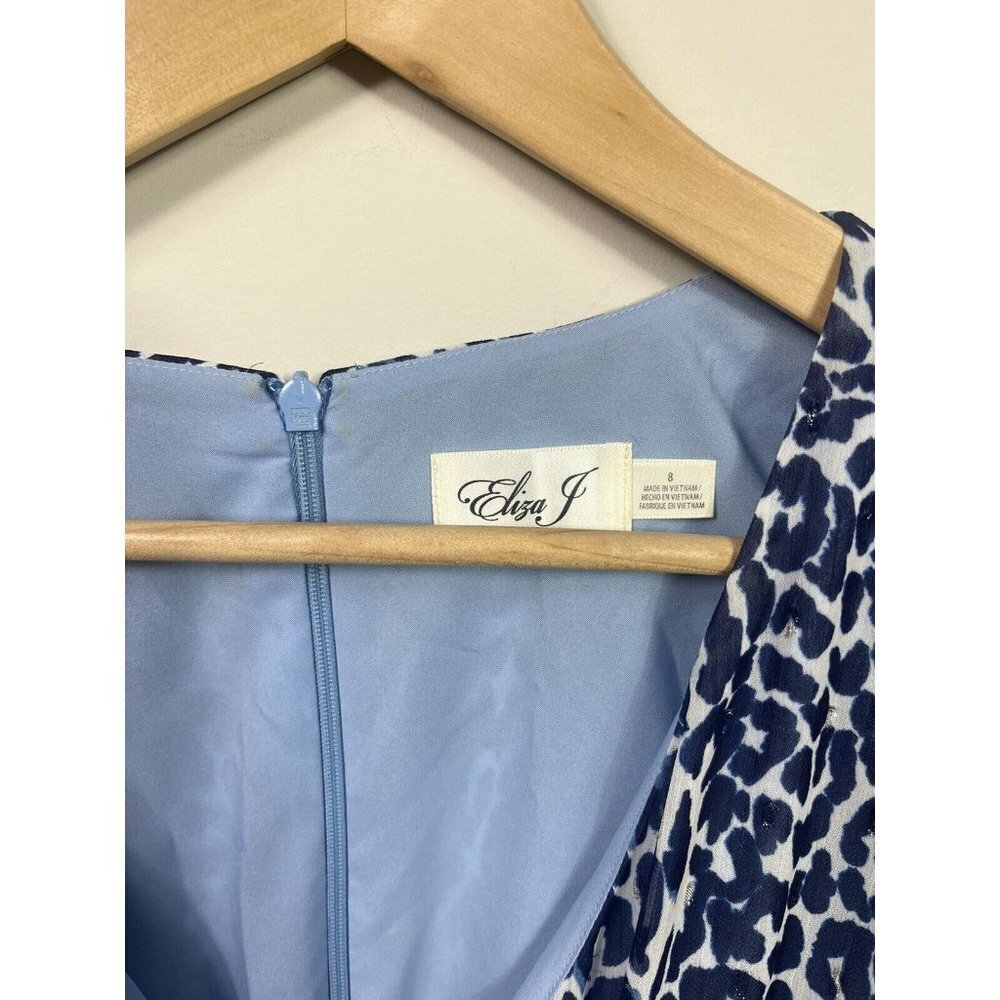 Eliza J Womens Dress Size 8 Blue Faux Neck Puff Sleeve Leopard Print - Picture 5 of 9